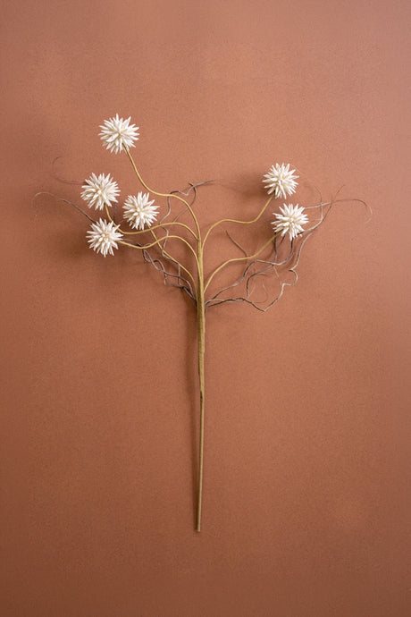 A faux dried floral wall sculpture featuring five white starburst flowers on branching tan and brown stems, displayed against a solid terracotta background.