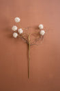 A faux dried floral wall sculpture featuring five white starburst flowers on branching tan and brown stems, displayed against a solid terracotta background.