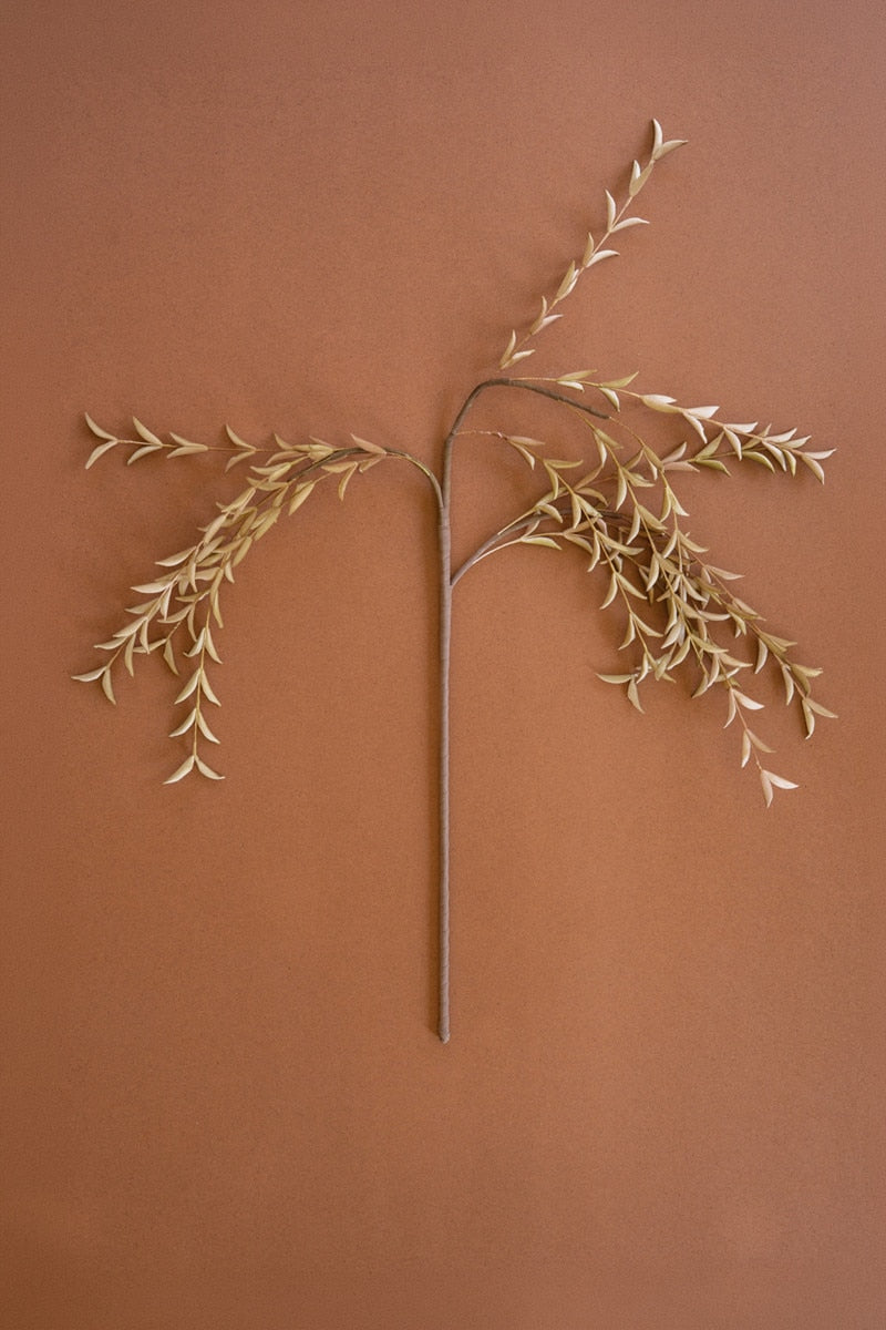 A dried decorative branch with delicate pale beige leaves on a long brown stem, arranged symmetrically against a solid warm terracotta background.