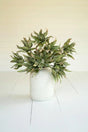 Artificial green potted plant on a white floor with a white wall background