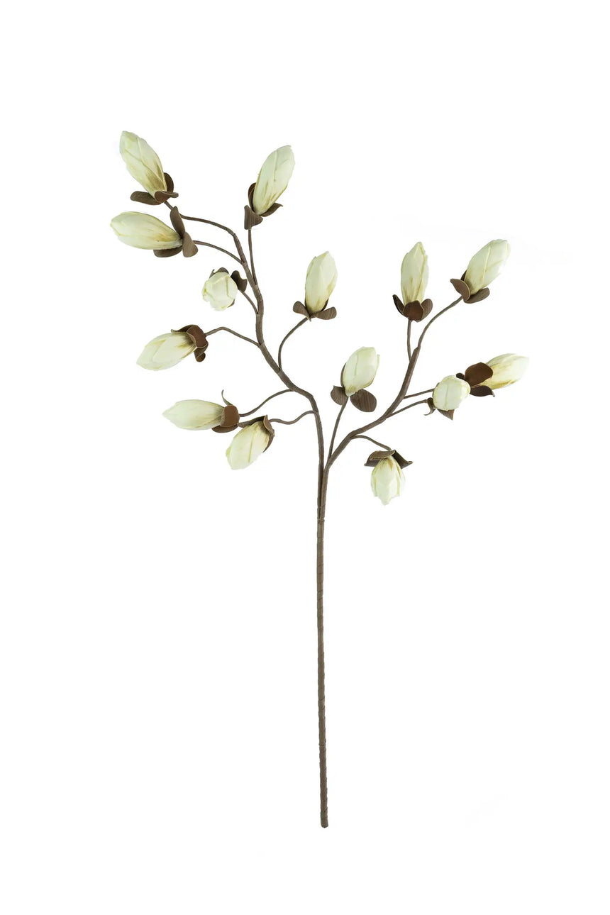 Artificial flower branch with green leaves on a white background