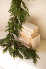 Stack of books with a green faux branch on a white surface