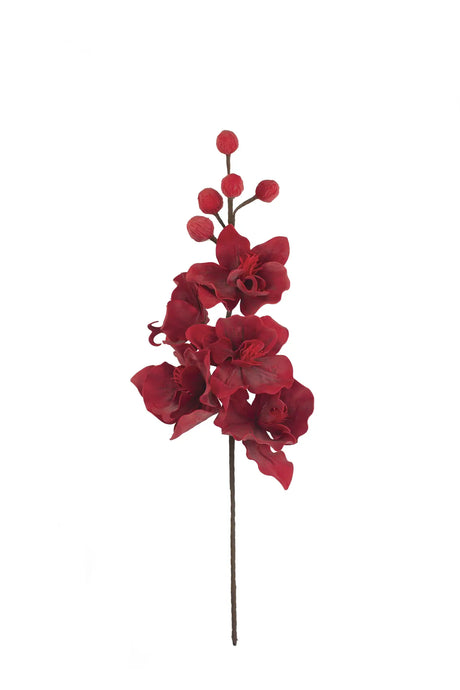A single artificial red orchid stem with multiple red blossoms and small round red buds on a dark stem, isolated on a plain white background.