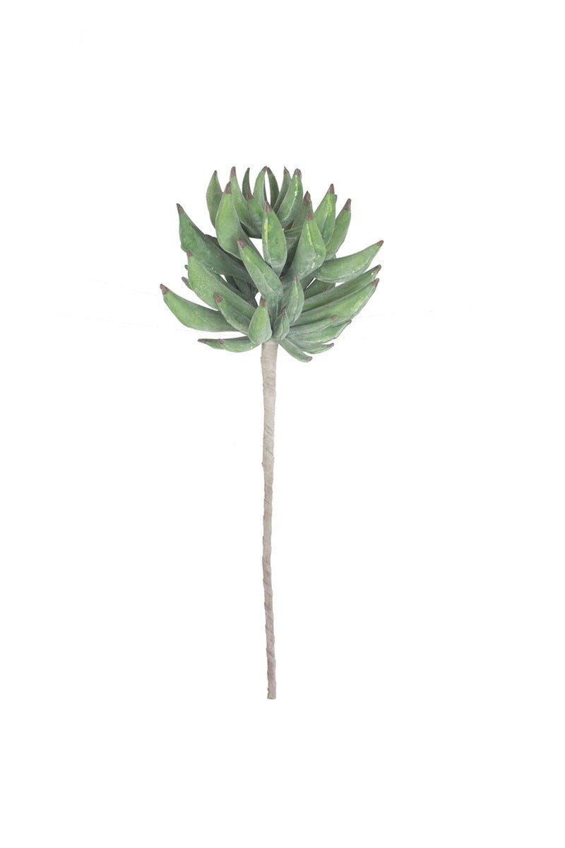 A single artificial succulent stem with green leaves and a long brown stem, isolated on a white background.