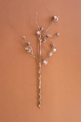 A dried decorative branch with small beige flower buds on a twisted brown stem, photographed against a solid warm terracotta background.