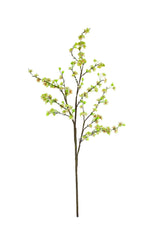 An artificial flowering blossom branch with light green leaves and small pale pink blossoms on a brown stem, isolated on a white background.