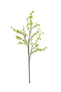 An artificial flowering blossom branch with light green leaves and small pale pink blossoms on a brown stem, isolated on a white background.