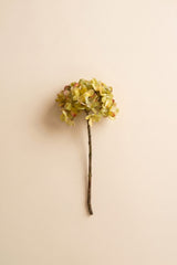 A single artificial flower stem with a round cluster of pale yellow-green hydrangea-like blooms on a thin brown stem, centered against a plain warm beige background.