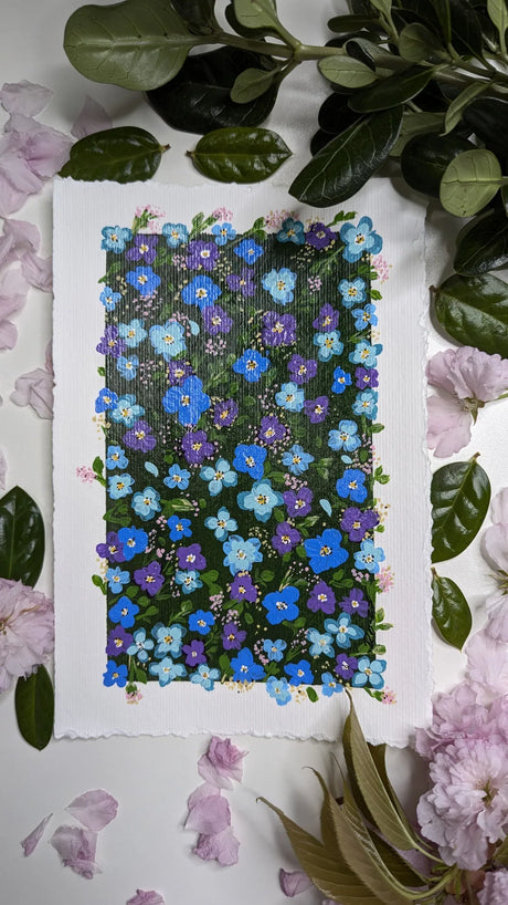 acryling painting study of light blue dark blue purple forget-me-not flowers