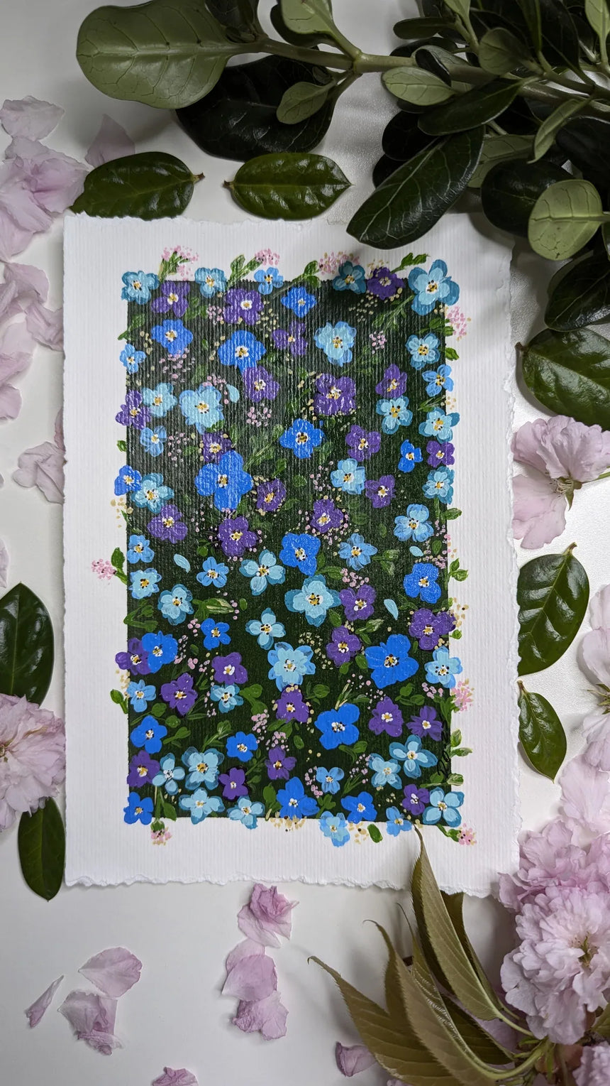 acryling painting study of light blue dark blue purple forget-me-not flowers