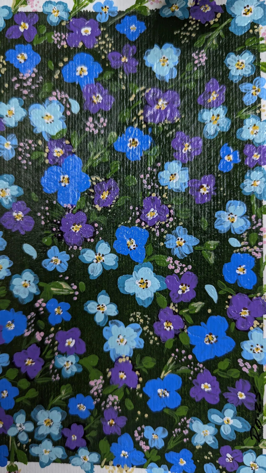 acryling painting study of light blue dark blue purple forget-me-not flowers - close-up view