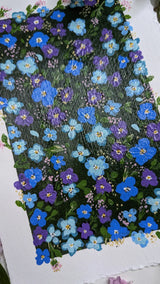 acryling painting study of light blue dark blue purple forget-me-not flowers - slanted left view