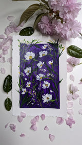 acrylic painting purple background white flowers study - top down view