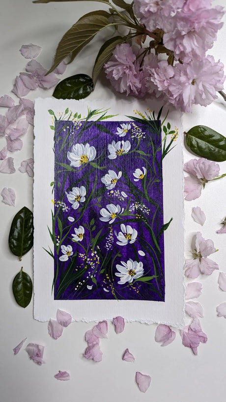 acrylic painting purple background white flowers study - top down view