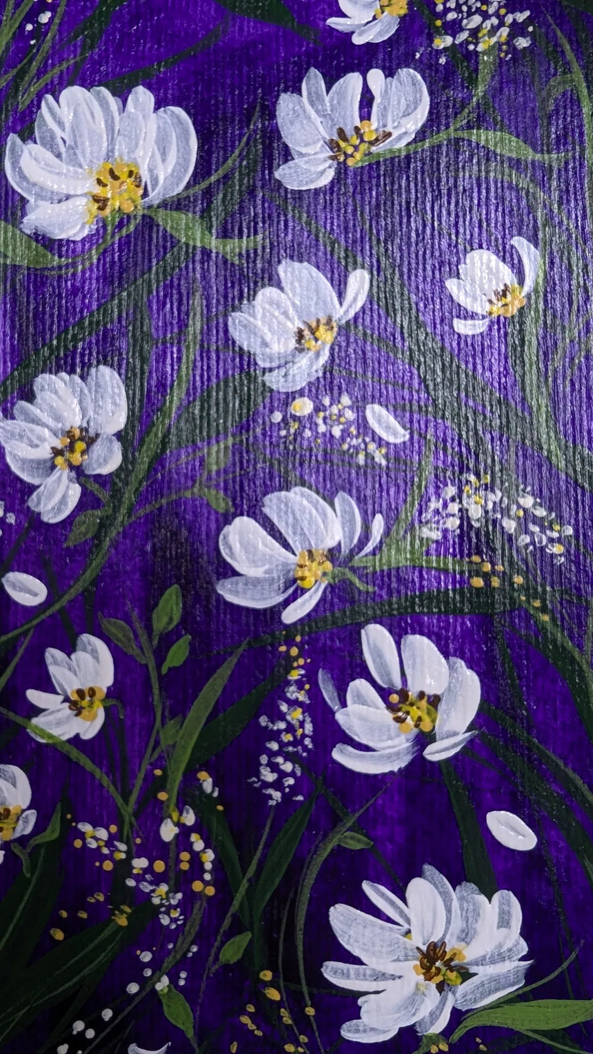 acrylic painting purple background white flowers study - close-up view