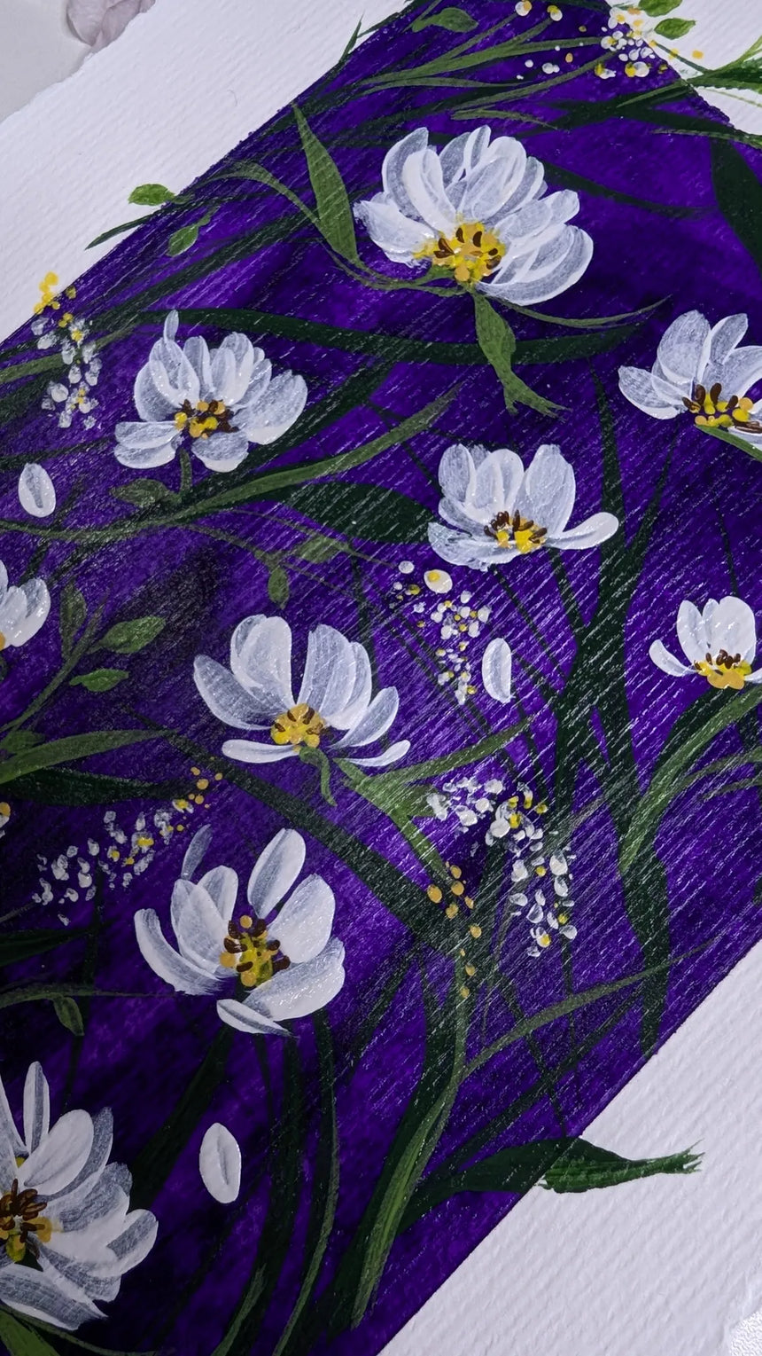 acrylic painting purple background white flowers study - slanted right view