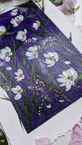 acrylic painting purple background white flowers study - slanted left view