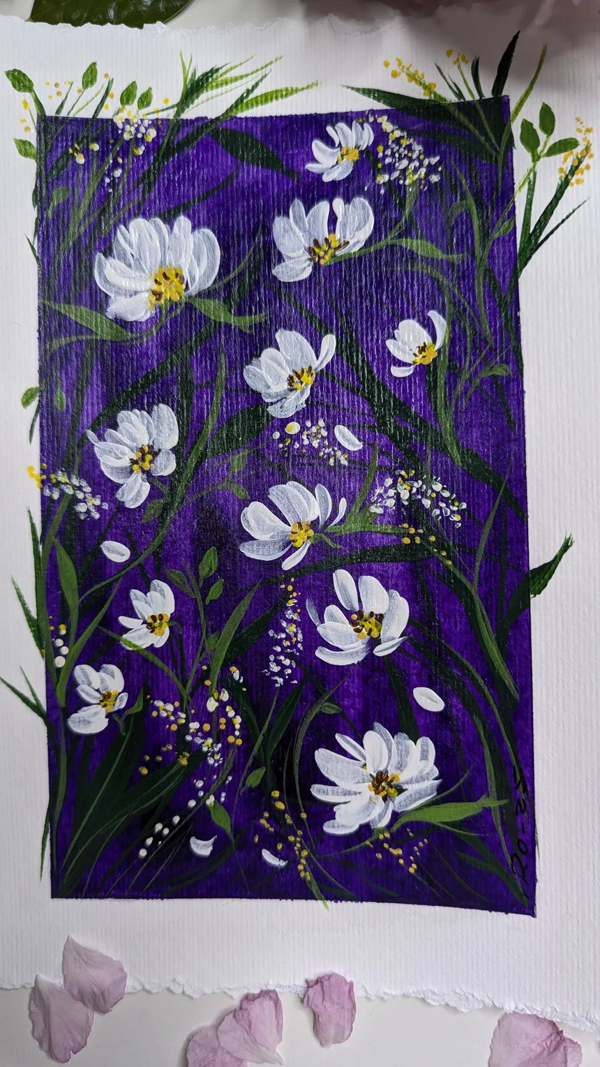 acrylic painting purple background white flowers study - mid close-up view