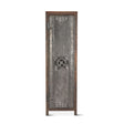 Welles tall cabinet in reclaimed teak with a riveted iron vault door