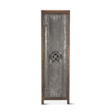 Welles tall cabinet in reclaimed teak with a riveted iron vault door