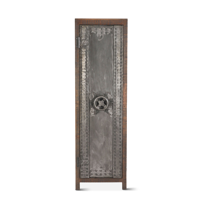 Welles tall cabinet in reclaimed teak with a riveted iron vault door