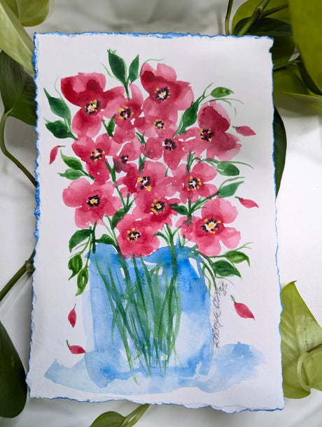 watercolor handpainted blue vase with red flowers on green stems - signed by Rnônya Obst