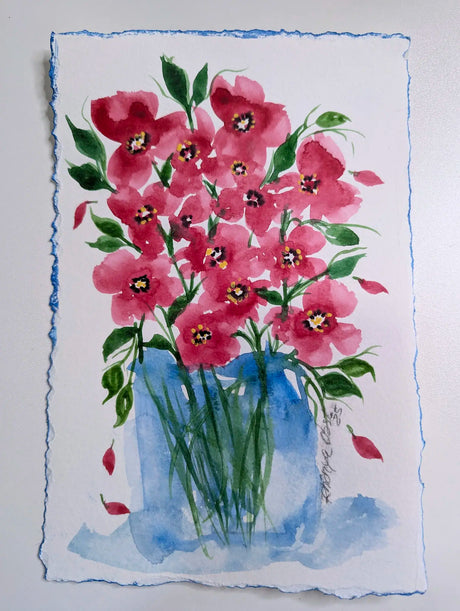watercolor handpainted blue vase with red flowers on green stems - plain background - signed by Rnônya Obst