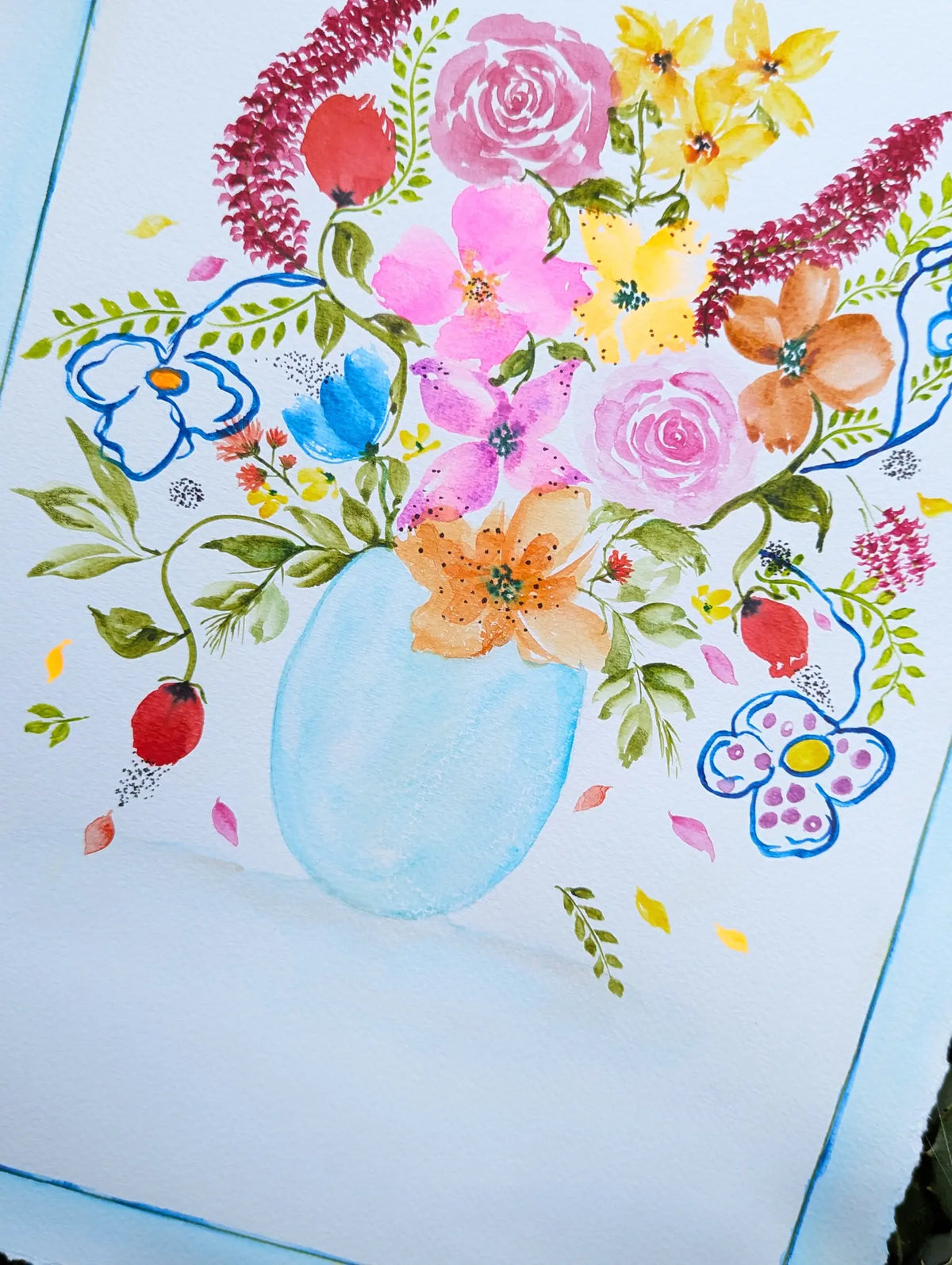 Watercolor Flowers in Blue Vase Painting