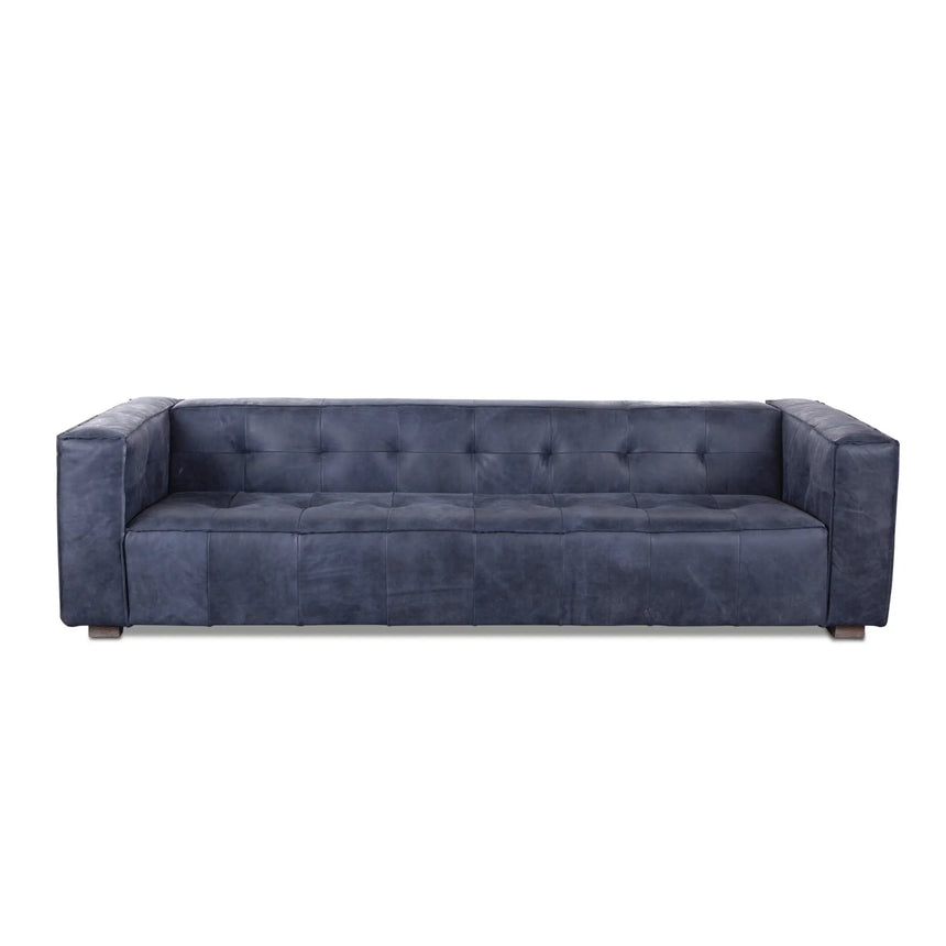 front view of blue leather sofa - 106 inches