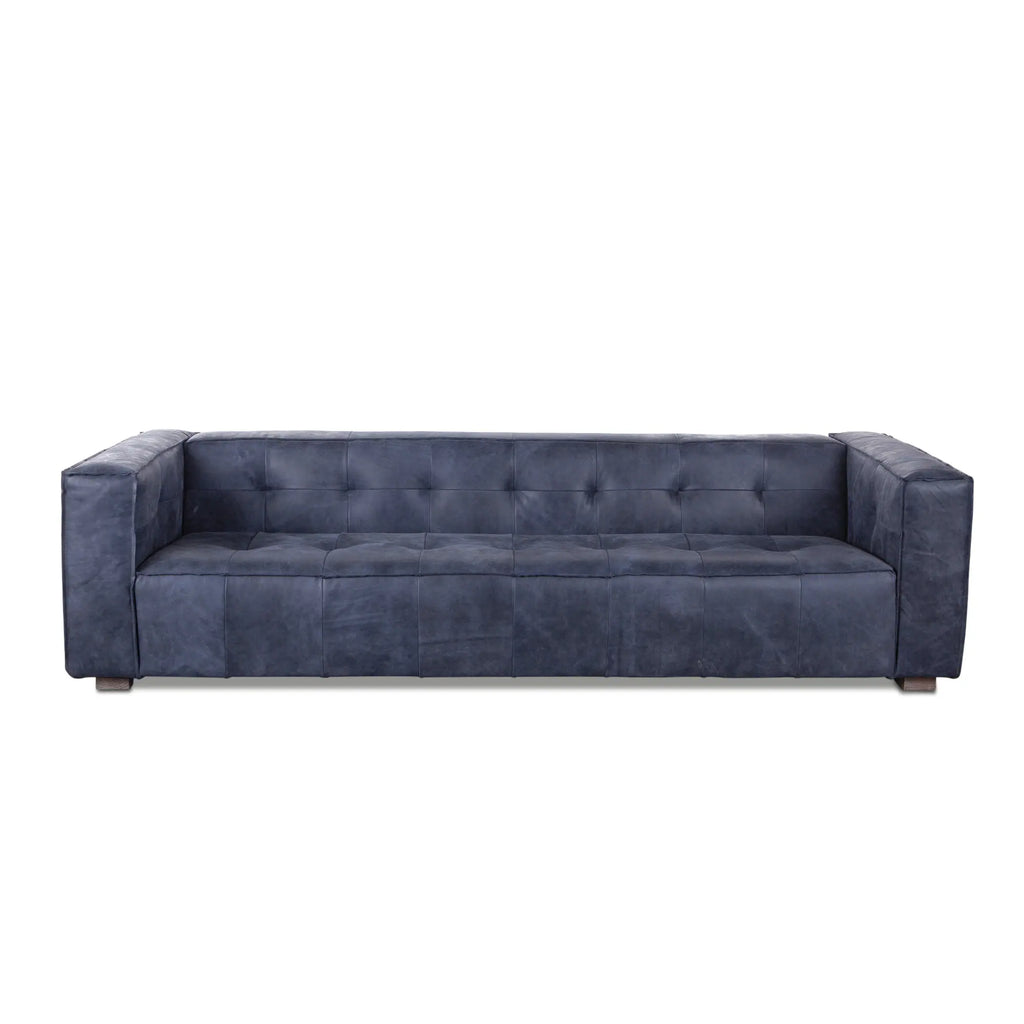 front view of blue leather sofa - 106 inches