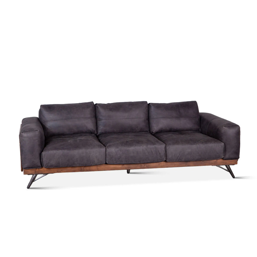 95in Chiavari Mid Century Antique Ebony Leather Sofa