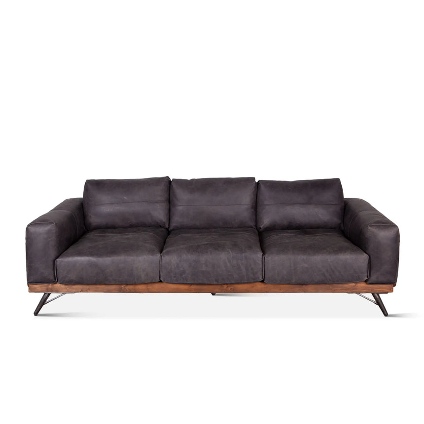 95in Chiavari Mid Century Antique Ebony Leather Sofa