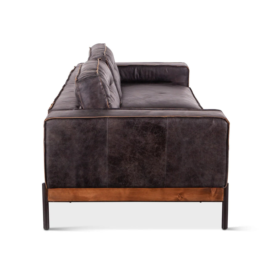 95in Chiavari Distressed Antique Ebony Leather Sofa