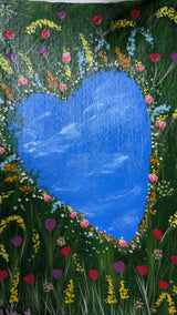 acrylic painting study of heart shaped pond amidst meadow of tulips and other flowers - close-up view