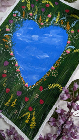 acrylic painting study of heart shaped pond amidst meadow of tulips and other flowers - slanted right view
