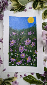 acrylic painting study of purple blossoms on green meadow against blue sky and bright sun