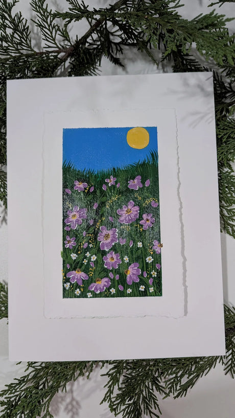 acrylic blue sky & purple daisies study painting mounted on float-mat