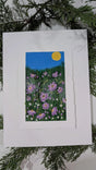 acrylic blue sky & purple daisies study painting mounted on float-mat
