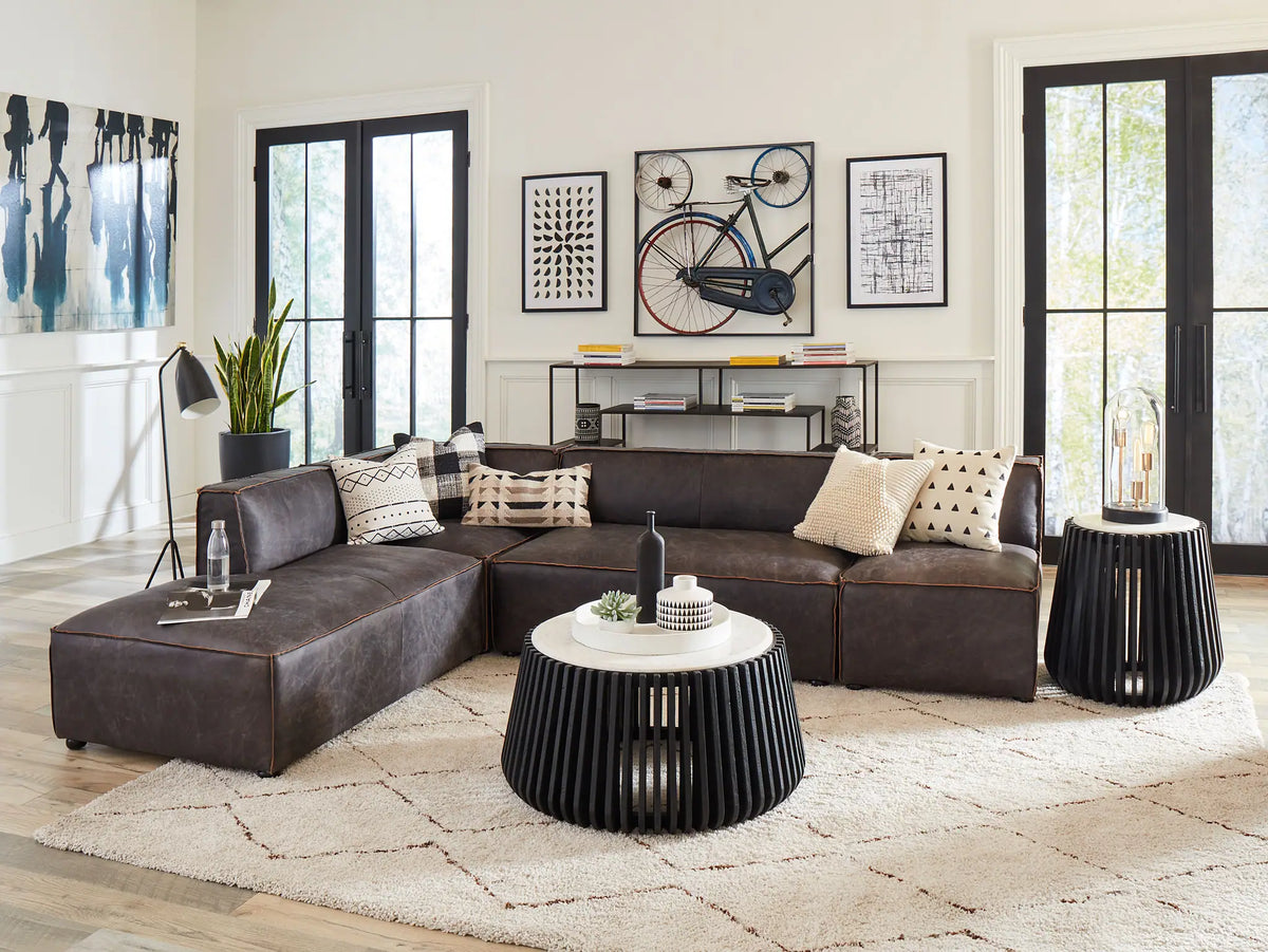 Lifestyle photo of 112 inch Chiavari leather sectional sofa