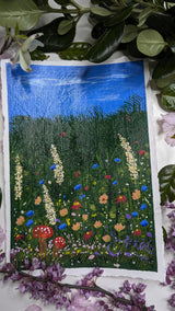 acrylic meadow painting study of wildflowers & mushrooms beneath blue sky