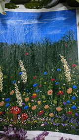 acrylic meadow painting study of wildflowers & mushrooms beneath blue sky - close-up view