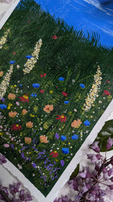 acrylic meadow painting study of wildflowers & mushrooms beneath blue sky - mid close-up view