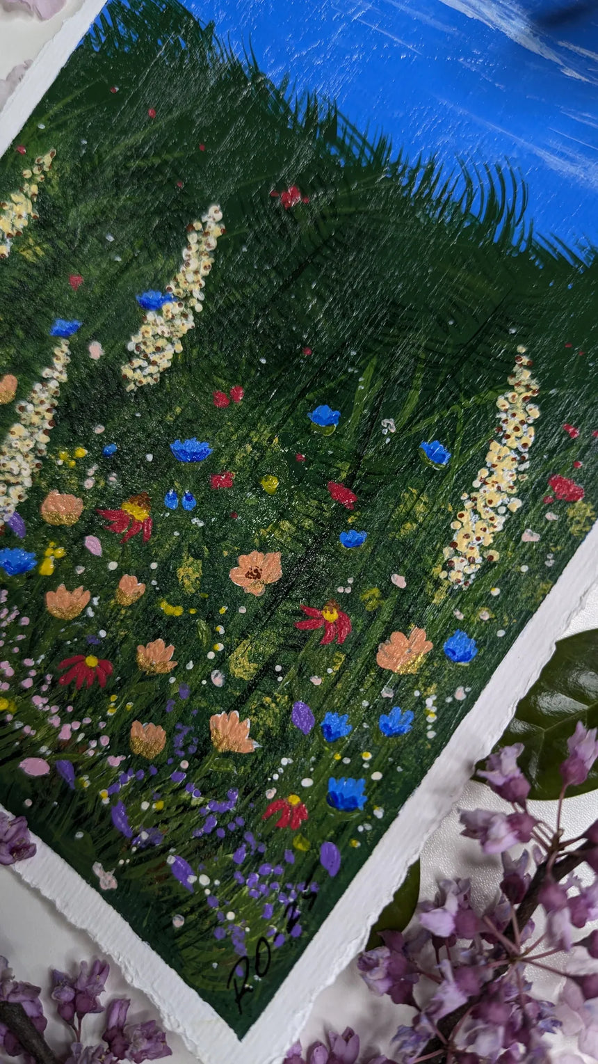 acrylic meadow painting study of wildflowers & mushrooms beneath blue sky - mid close-up view