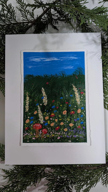 acrylic meadow of wildflowers study painting mounted on float-mat