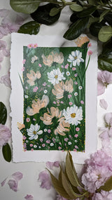 acrylic painting study of white and peach blossoms against lush green background