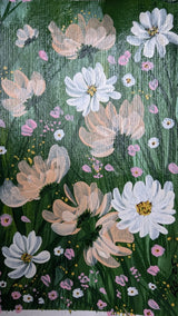acrylic painting study of white and peach blossoms against lush green background - close-up view