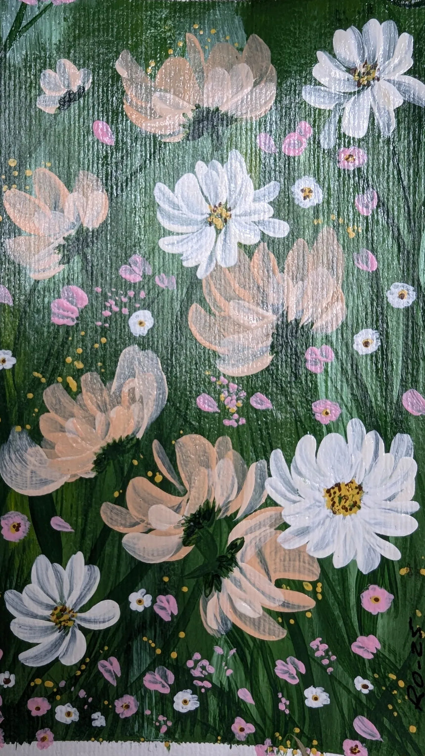 acrylic painting study of white and peach blossoms against lush green background - close-up view