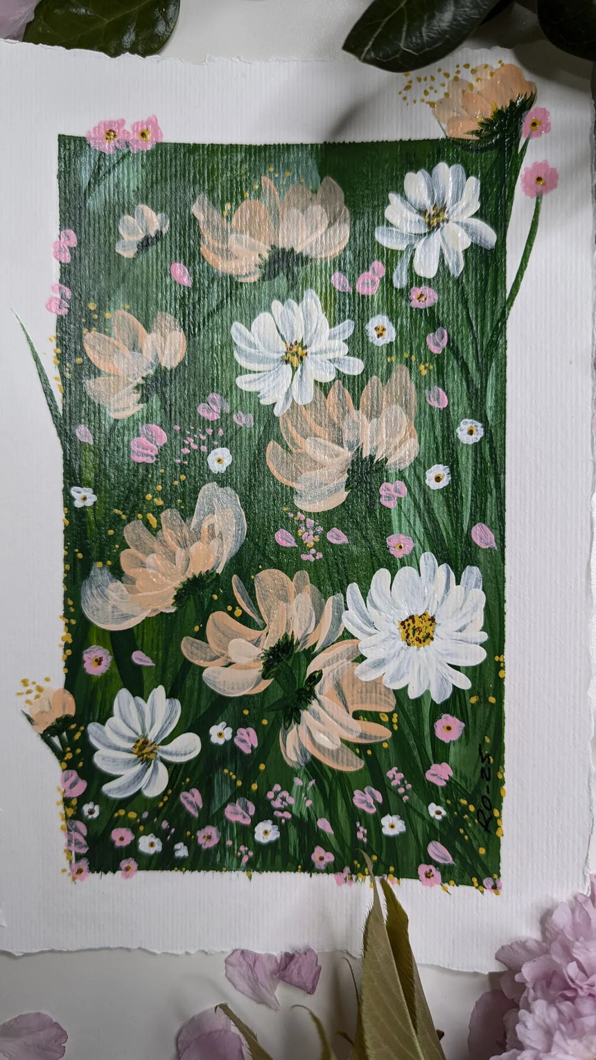 acrylic painting study of white and peach blossoms against lush green background - mid close-up view