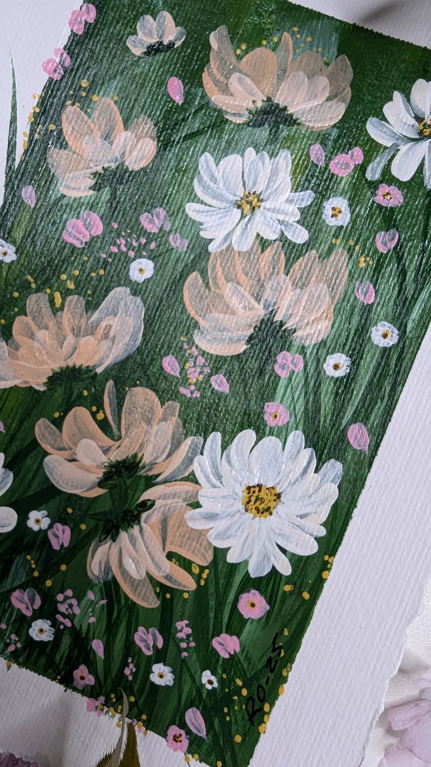 acrylic painting study of white and peach blossoms against lush green background - right slanted view