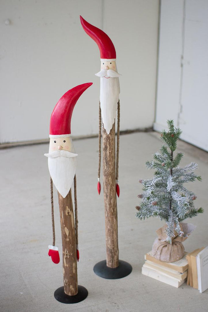 set of 2 painted wood pole santas